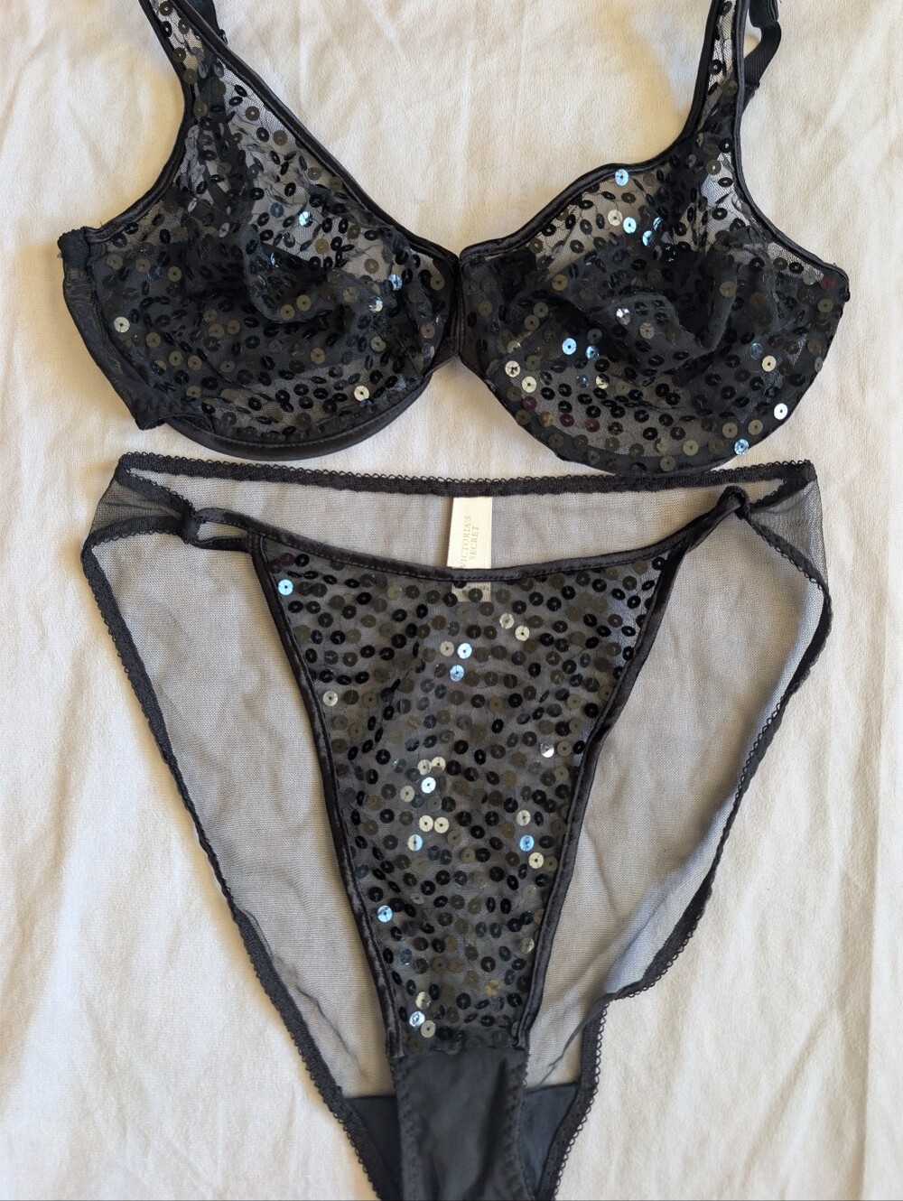 Vintage 90s Victoria's Secret Black Mesh Sequin Lingerie Set - Bra 36D / Panty M